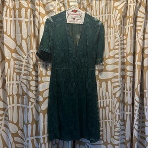 Haunte Monde Teal Deep V Neck Mini Length Dress with Lace Overlay